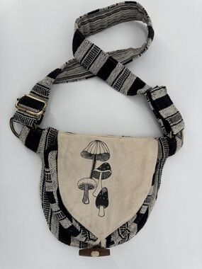 Soul Flower Black & Cream Striped Canvas Boho Hippy Mushrooms Hip Bag Crossbody